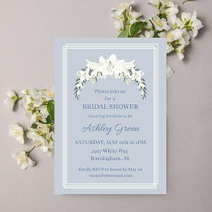 Floral Bridal Shower Invitation template blue and white editable wedding invitation