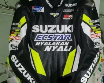 Suzuki Ecstar GSX-R Leather Racing Suit – MotoGP Factory Racing Gear – Custom Handmade Motorbike Suit – CE Armored Track Biker Gear