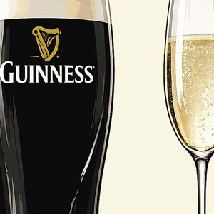 May include: Illustration of a pint of Guinness stout and a champagne flute. The Guinness glass is black with the brand's logo in white and gold. The champagne glass is filled with bubbly, golden liquid.