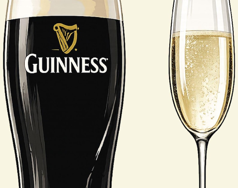 May include: Illustration of a pint of Guinness stout and a champagne flute. The Guinness glass is black with the brand's logo in white and gold. The champagne glass is filled with bubbly, golden liquid.