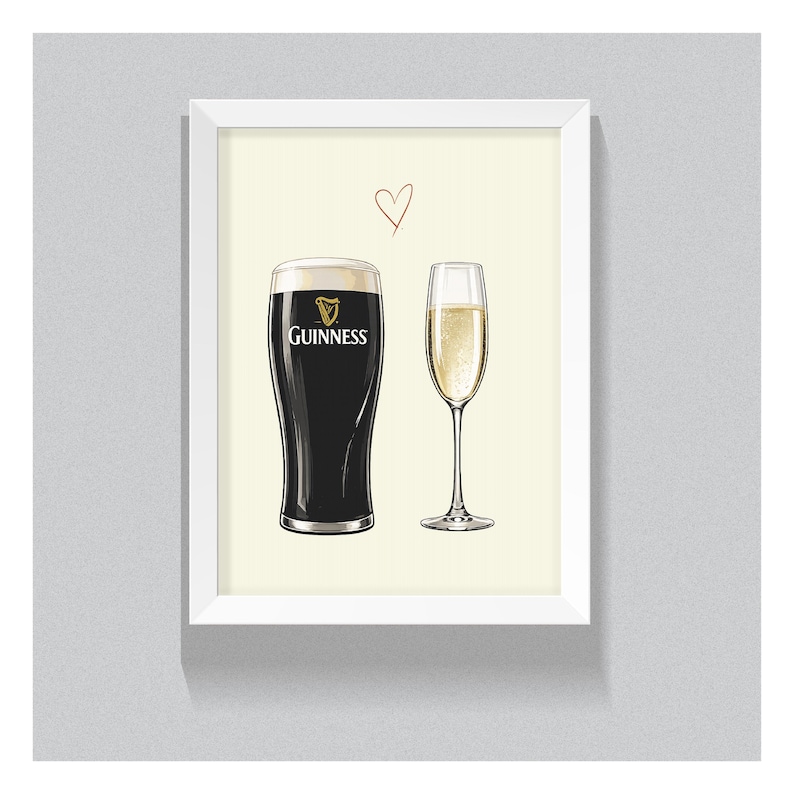 May include: A framed print featuring a pint of Guinness and a champagne flute. The Guinness glass is black with the brand logo, and the champagne glass is filled with a bubbly, light-colored liquid. A small red heart is drawn above the glasses.