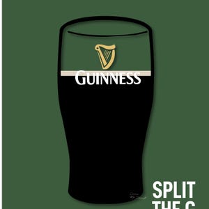 Puede incluir: Una ilustraci&oacute;n en blanco y negro de un vaso de cerveza Guinness con el logotipo de Guinness y el texto "SPLIT THE C" en la parte inferior.