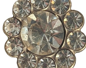 3 Vtge Rhinestone Buttons 7/8" Curved Shanks Clear On Silver Color