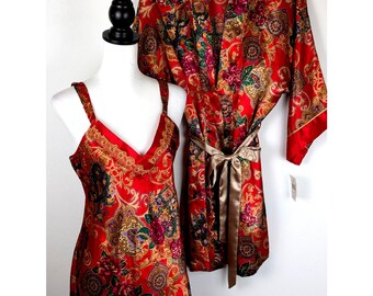 Vtg California Dynasty  Red Satin sz L Set Made in USA 80s Lingerie Deadstock NWT