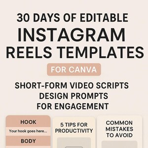 May include: Graphic with text: "30 Days of Editable Instagram Reels Templates for Canva." Includes prompts for video scripts, design, and engagement. Features sections for hook, body, CTA, and tips for productivity and common mistakes.