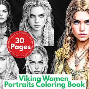 Libro para colorear de mujeres vikingas, 30 retratos imprimibles, páginas para colorear para adultos, descarga digital, PDF PNG de alta calidad, listo para imprimir (en formato carta de EE. UU.)