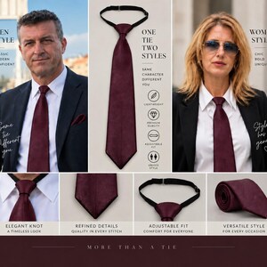 Peut inclure: Une cravate unie bordeaux fonc&eacute; &agrave; la texture lisse, dot&eacute;e d'une sangle de cou noire r&eacute;glable. La cravate est pr&eacute;sent&eacute;e sous diverses configurations, notamment nou&eacute;e, pos&eacute;e &agrave; plat et enroul&eacute;e, avec des textes superpos&eacute;s d&eacute;crivant cet accessoire polyvalent.