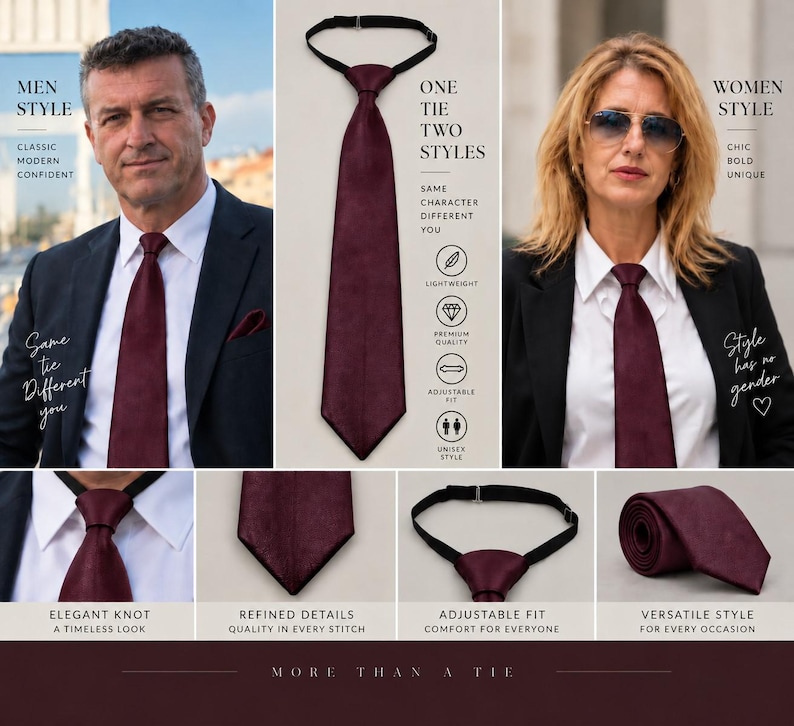 Peut inclure: Une cravate unie bordeaux fonc&eacute; &agrave; la texture lisse, dot&eacute;e d'une sangle de cou noire r&eacute;glable. La cravate est pr&eacute;sent&eacute;e sous diverses configurations, notamment nou&eacute;e, pos&eacute;e &agrave; plat et enroul&eacute;e, avec des textes superpos&eacute;s d&eacute;crivant cet accessoire polyvalent.