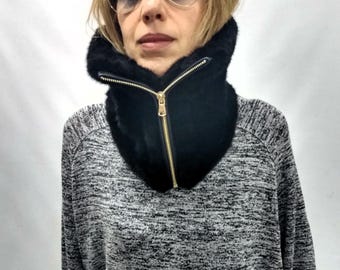 Cuello de piel de visón negro, bufanda con cremallera, calentador de cuello unisex