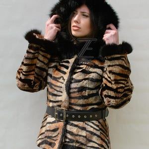 Real Rabbit Fur Hooded Jacket. Animal print color. Women&#39;s Brand New Jacket. Luxury gift.