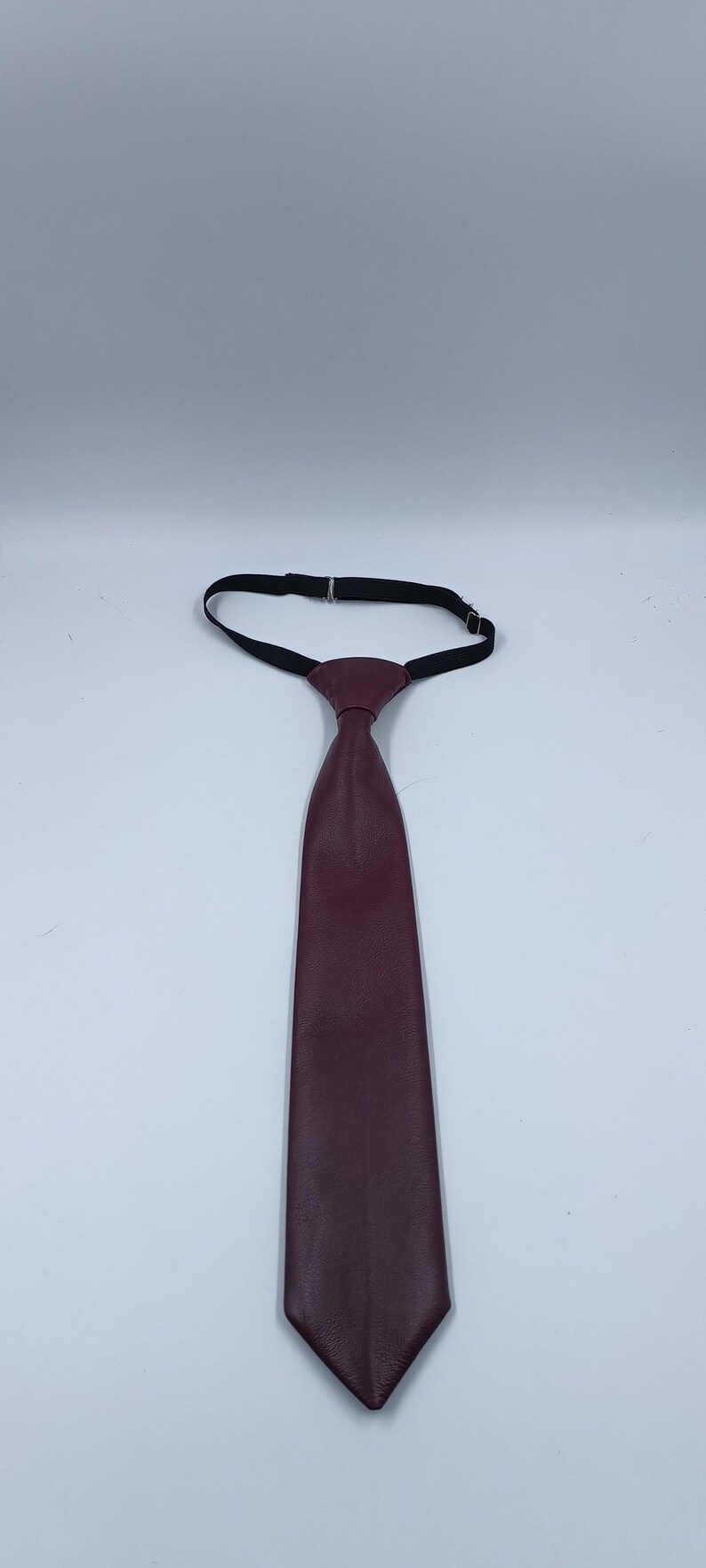 Peut inclure: Une cravate bordeaux avec une texture lisse rappelant le cuir et une extr&eacute;mit&eacute; pointue. La cravate pr&eacute;sente un n&oelig;ud pr&eacute;-nou&eacute; et une sangle de cou &eacute;lastique noire r&eacute;glable avec une boucle en m&eacute;tal pour la fixer autour du cou.