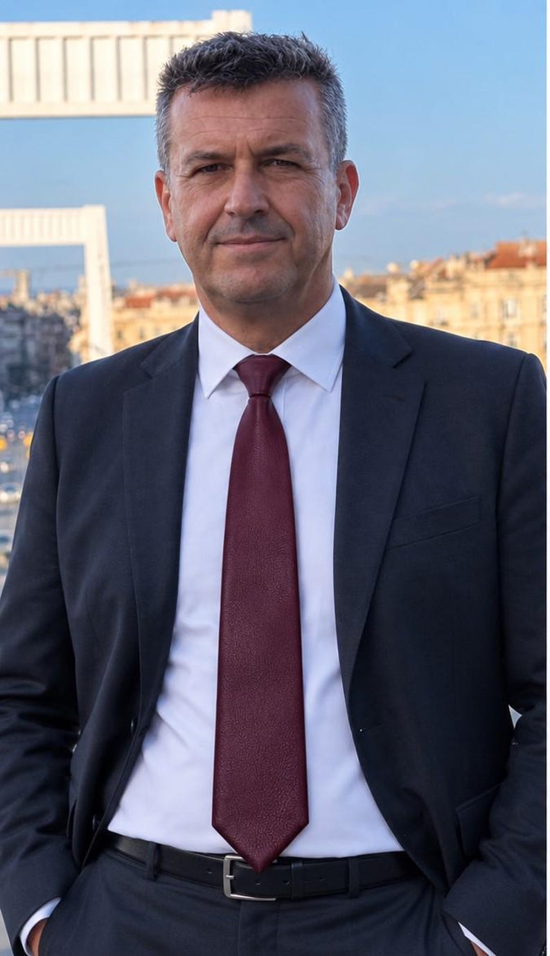 Peut inclure: Une personne d'&acirc;ge m&ucirc;r aux cheveux courts et fonc&eacute;s portant une veste de costume gris anthracite, une chemise blanche &agrave; col rigide et une cravate bordeaux unie. La tenue comprend une ceinture en cuir noir avec une boucle argent&eacute;e sur un pantalon.