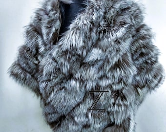 Estola de piel de zorro plateado natural, capa vikinga unisex, hecha a mano.