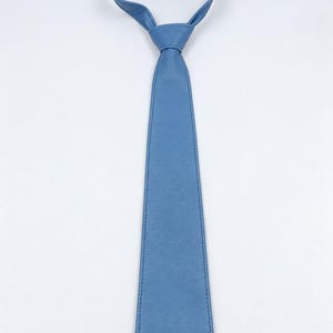 Peut inclure: Une cravate bleu clair unie dot&eacute;e d'une texture lisse et mate avec une extr&eacute;mit&eacute; pointue. La cravate pr&eacute;sente des coutures ton sur ton visibles le long des bords et comprend un n&oelig;ud pr&eacute;-nou&eacute; avec une boucle de cou r&eacute;glable pour la fixation.