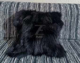 Handcrafted Black Fox Fur Pillow Cover, Luxury Cushion