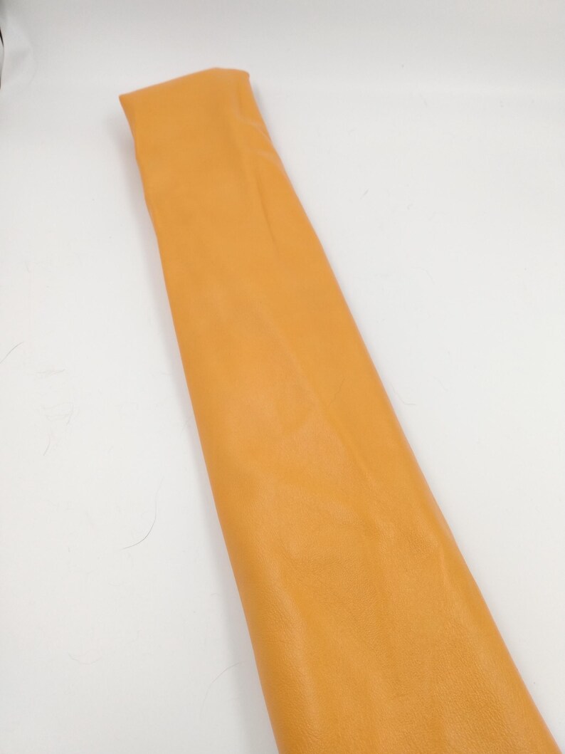 Peut inclure: Une longue bande rectangulaire de mat&eacute;riau orange vif et lisse avec une finition mate uniforme. La pi&egrave;ce est repli&eacute;e sur le bord sup&eacute;rieur et pos&eacute;e &agrave; plat, pr&eacute;sentant une couleur unie et homog&egrave;ne sur toute sa surface visible.