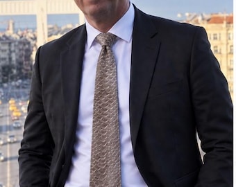 Peut inclure: Une personne portant une veste de costume noire, une chemise blanche à col rigide et une cravate beige texturée avec un motif répétitif en forme d'écailles. La veste de costume présente des revers crantés et la cravate est centrée.