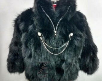 Capa de piel de zorro auténtica, chal negro con capucha y estola vikinga