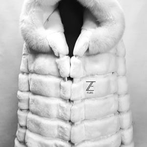 Men Brand New Jacket.white rex hooded Fur with white Fox Trim! Real Natural Genuine Fur! and leather straps!