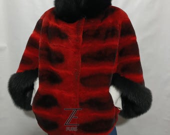 Red Rex Rabbit Fur Cape with Black Fox Collar & Trim