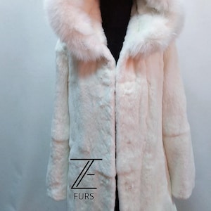 Men Brand New Jacket.white rex hooded Fur with white Fox Trim! Real Natural Genuine Fur!