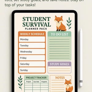 May include: A digital planner template with a fox illustration. The planner includes sections for a weekly schedule, to-do list, study goals, project tracker, and notes.