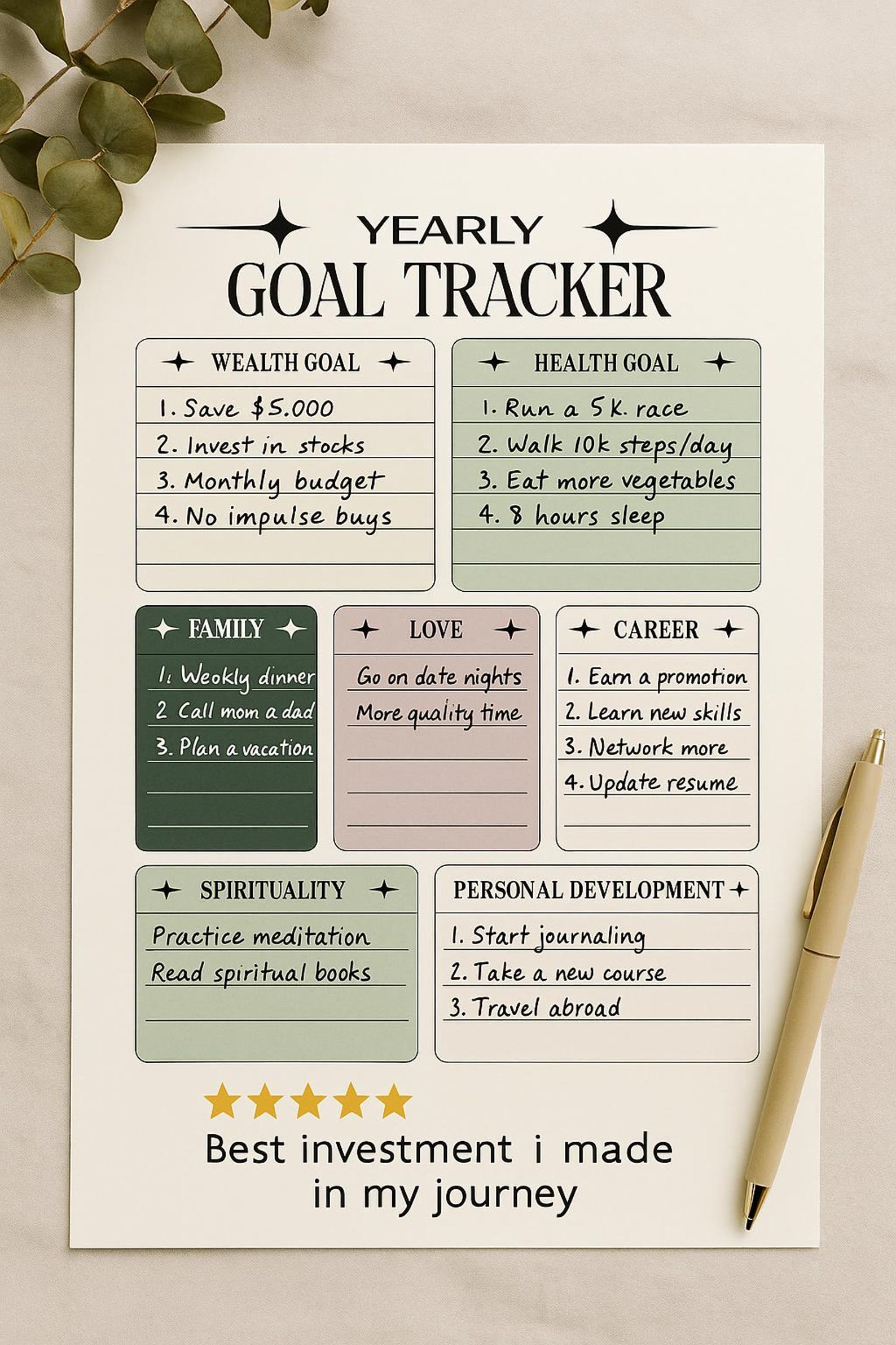 Minimalist Yearly Goal Tracker | Printable Life Planner Page for