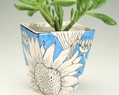 Planter Sunflower Painting All Around, Has Drain Hole, Plant Holder, Herb Flower Pot Container, Turquoise Blue Pottery, Twist Shape Ceramics