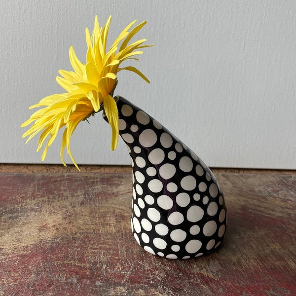White Polka Dots on Black Vase, Single Flower Or Small Bouquet, See Ya Later Tilt Vase, Happy Handmade Ceramics