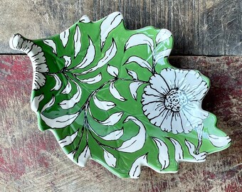 Green Leaves and Flowers Leaf Shaped Dish, Food Safe Bowl, Candy Bowl, Trinket Ring Dish