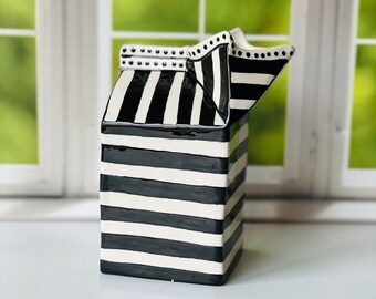 Milk Carton Vase or Creamer, Black and White Stripes, Polka Dots Hand Painted Striped