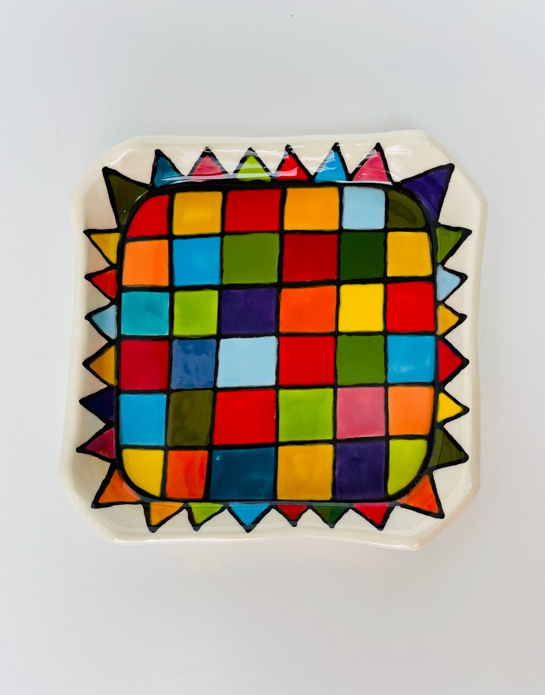 Handmade Pottery Dish, Checker Board Colorful Squares, Soap Dish, Hand