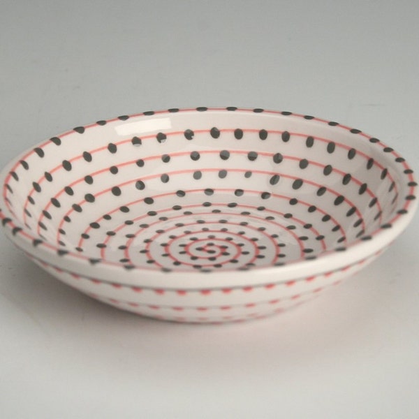 Vertigo Spiral and Dots Bowl Small Hand Painted Dinnerware Tangerine Orange and Grey