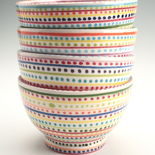 Rice Bowl Hand Painted Stripes and Dots Dinnerware