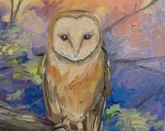 Sheldrake - "Dawn Watcher" 11x14 Original Oil Colorful Owl Painting on Canvas