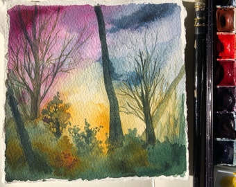 Purple Golden Sky Forest Watercolor on Paper One of a Kind Original Art