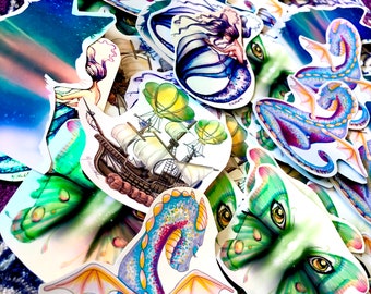 Original Art Fantasy Holographic Vinyl Stickers Mermaid Flying Ship Fairy Wings Dragon Fox Celestial