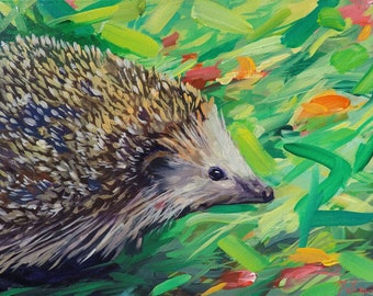 Sheldrake - "Hedgie on a Green Field" 16x20 Original Acrylic Colorful Hedgehog Painting on Canvas