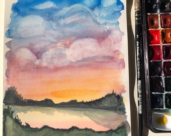 Smooth Sunset Watercolor on Paper One of a Kind Original Art