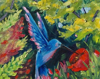 Sheldrake - "Sip of Nectar" 12x16 Original Oil Colorful Hummingbird Painting on Canvas