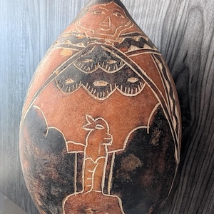 Hand carved decorative gourd Peruvian woman folk art 8 inch