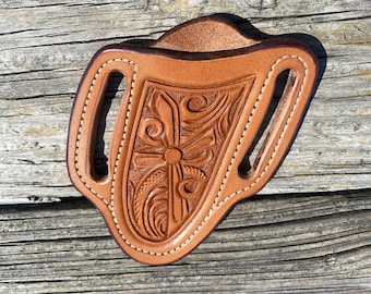 Tooled Leather Pocket Knife Sheath, Cross and Scroll Tooled Cross Draw Knife Sheath, Folding Knife Sheath