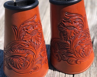 Floral Tooled Leather Cowboy Cuffs, Leather Cuffs, Tooled Leather Gauntlets