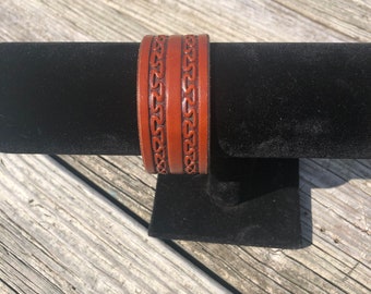 Brown Serpentine Stamped Leather Bracelet, Cuff Style Bracelet, Tooled Leather Bracelet