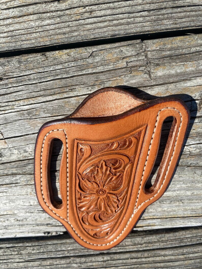 Tooled Leather Pocket Knife Sheath, Cross Draw Knife Sheath, Pancake