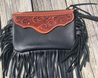 Cross and Scroll Tooled Leather Clutch Purse, Leather Wristlet Purse, Floral and Geometric Tolled Purse with Fringe, Cowgirl Leather Purse