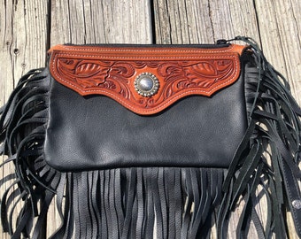 Hand Tooled Leather Clutch with Fringe, Cowgirl Clutch Purse With Silver Concho And Fringe, Leather Small Purse with Hand Tooled Leather