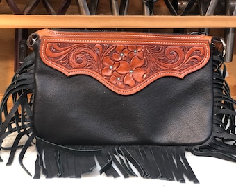 Floral Hand Tooled Leather Fringed Clutch Purse with Wrist Strap, Leather Fringe Clutch Purse, Small Leather, Cowgirl Western Purse