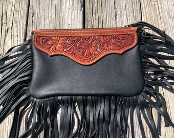 Hand Tooled Leather Clutch Purse, Floral Tooled Leather and Black Leather Clutch Purse, Clutch with Fringe