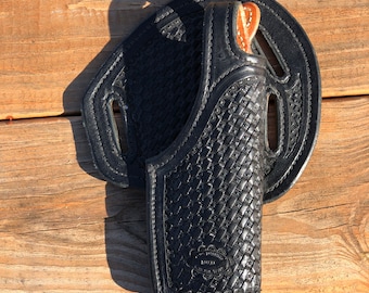 Black Basket Stamped Leather Gun Holster, Black Tooled Leather Gun Holster (Right side), 2 Position Gun Holster Basket Stamped Black Leather